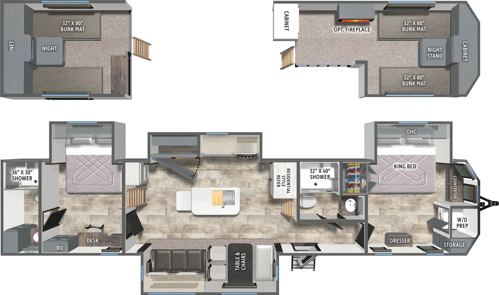 The Puma Destination 421LFT floorplan has one entry and four slide outs. Exterior features include: metal exterior. Interiors features include: loft, kitchen island, free-standing dinette option, front bedroom, two bedrooms and rear bathroom.